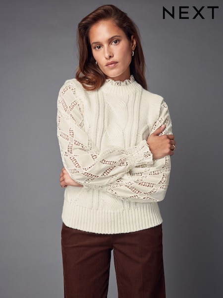 אקרו לבן - High Neck Collar Lace Layer Cable Knitted Jumper (B93549) | ‏160‏₪