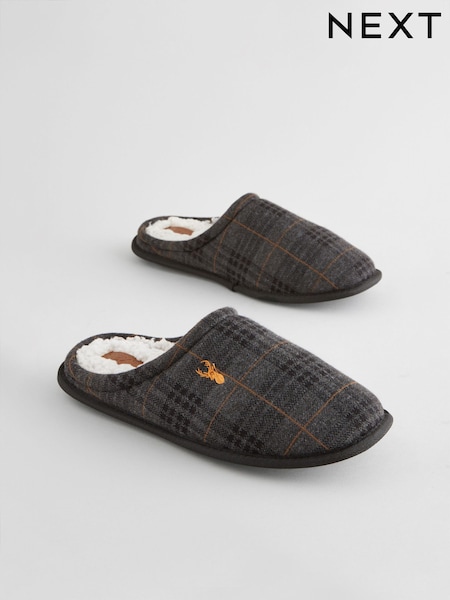 Black/Grey Borg Lined Checked Mule Slippers (B93578) | R$ 170