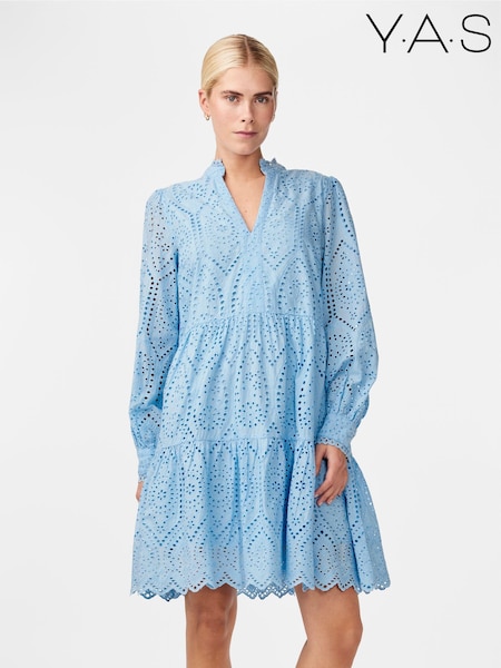 Y.A.S Blue Broderie Long Sleeve Tiered Dress (B93858) | €57