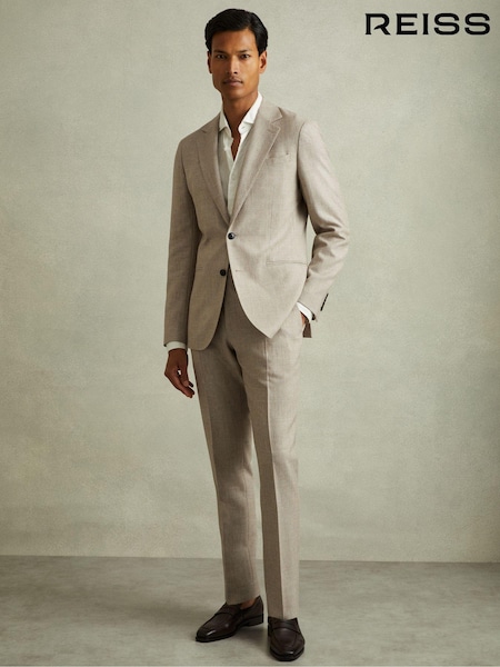 Reiss Oatmeal Elliot Checked Side Adjuster Trousers in Wool-Linen (B94029) | 1,161 QAR