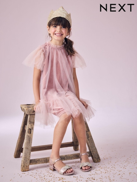 Pink Velour Shimmer Mesh Layered Dress (3-16yrs) (B94058) | AED78 - AED99