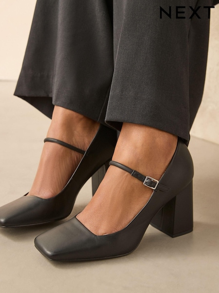 Black Forever Comfort® Leather Square Toe Block Heel Mary Jane Shoes (B94099) | $85