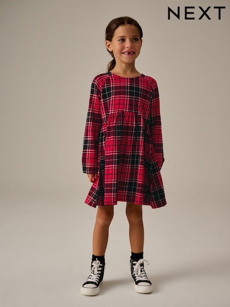 Red Check Long Sleeve 100% Cotton Jersey Dress (3-16yrs) (B94196) | AED46 - AED63