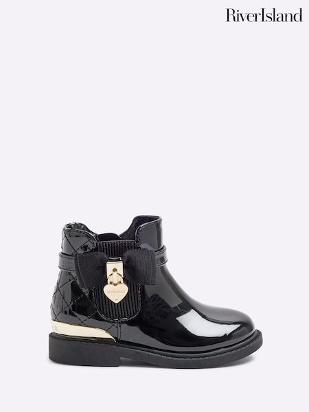 River Island Black Girls Patent Bow Padlock Boots (B94197) | AED146