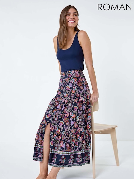 Roman Paisley Floral Button Tiered Midi Skirt (B94208) | ‏220‏₪