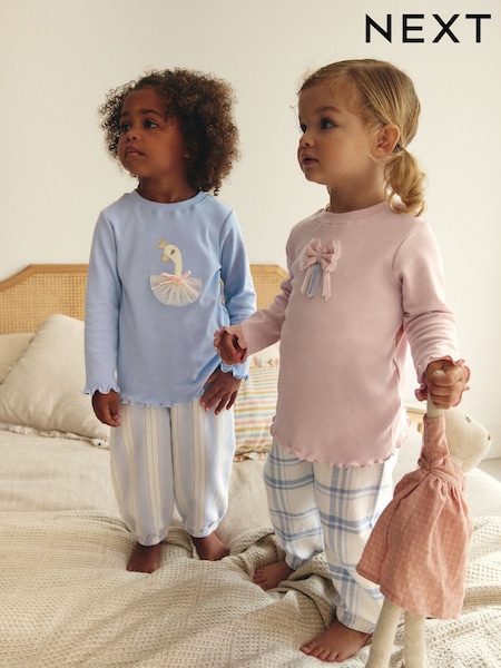 Pink/Blue Swan/Bow 2 Pack 100% Cotton Woven Bottoms Pyjamas (9mths-10yrs) (B94240) | 76 QAR - 107 QAR