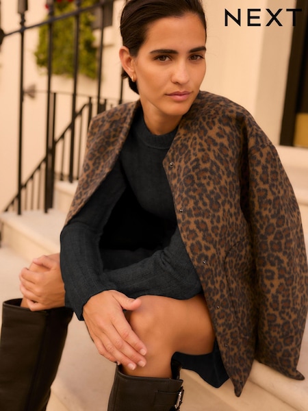 Leopard Print Brushed Longline Bomber Jacket (B94402) | AED48