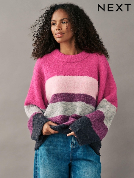 ורוד עם פסים - Boucle Knitted Crew Neck Jumper (B94420) | ‏113‏₪