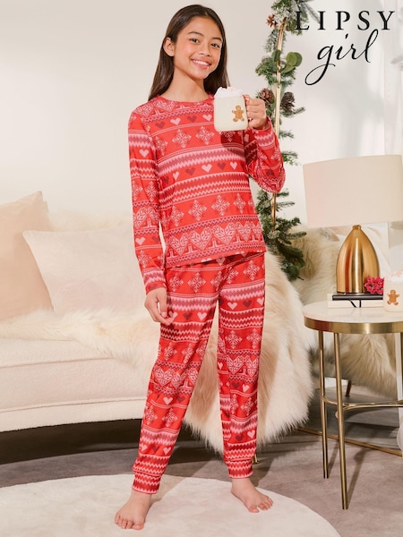 Roşu fairisle - Lipsy Crăciun Jersey Pijamas Pantaloni Set (De la 3-16ani) (B94484) | 116 LEI - 162 LEI