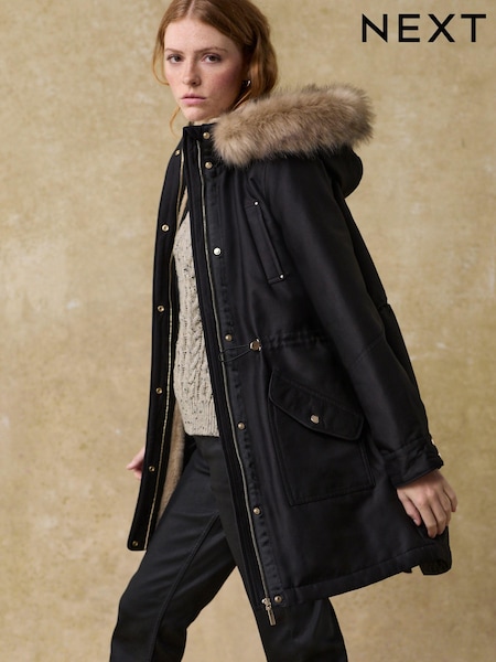 שחור - Hooded Parka Coat With Faux Fur Trim (B94621) | ‏317‏₪