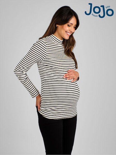 JoJo Maman Bébé Black Cream Stripe Maternity And Nursing Stripe Polo Neck Top (B94724) | kr421
