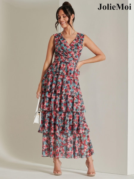 Roz - Rochie maxi cu tiv suprapus și plasă Jolie Moi (B94725) | 340 LEI