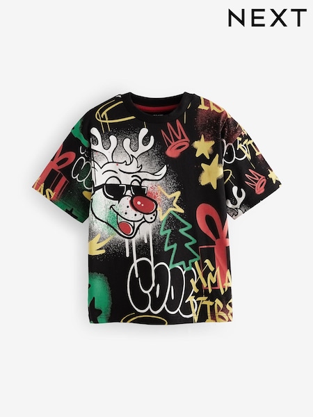 Black Rudolph Graffiti Short Sleeve Christmas 100% Cotton T-Shirt (3-16yrs) (B94862) | AED35 - AED46