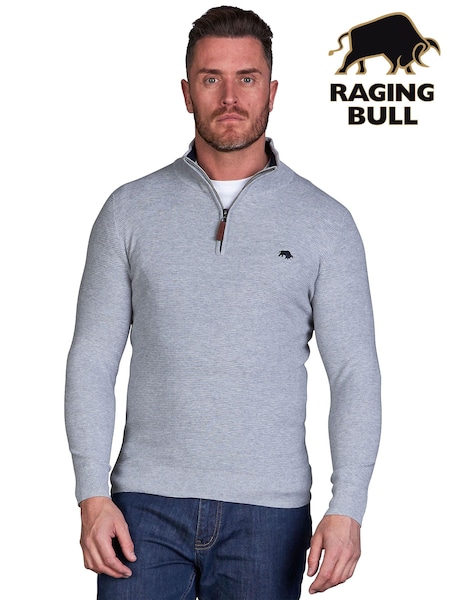 Raging Bull Grey Classic Ribbed Quarter Zip Knit 100% Cotton Jumpers (B94920) | €43 - €49