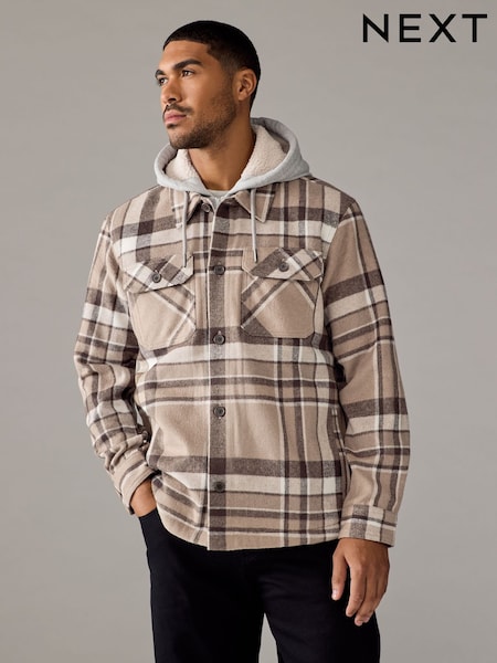 Neutral Check Hooded Borg Lined Shacket (B95172) | €53