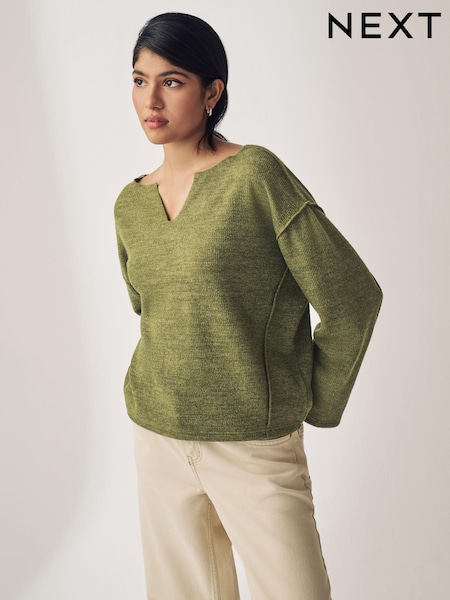 Khaki Green Notched Neck Long Sleeve Ribbed Jumper (B95209) | AED25
