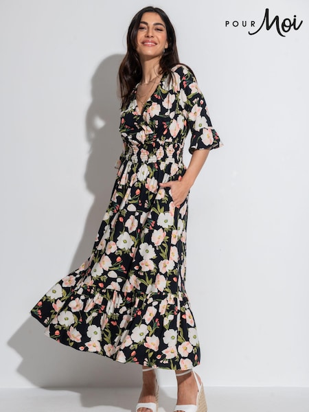 Pour Moi Black Multi Floral Carmen Fuller Bust Elasticated Neckline Midaxi Dress (B95248) | $91