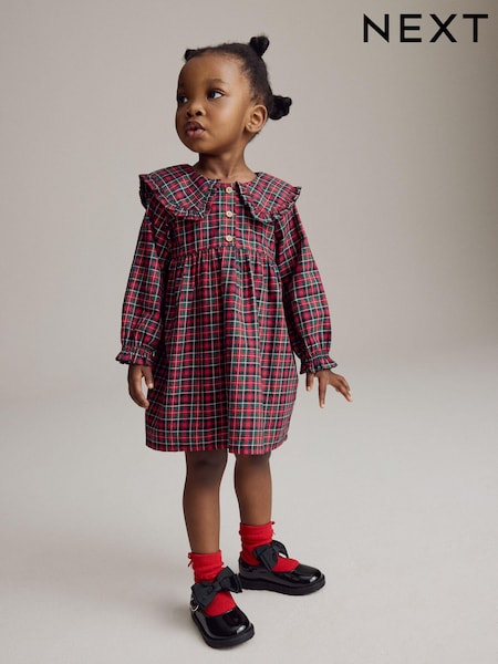 Red Tartan Long Sleeve 100% Cotton Peter Pan Collar Dress (3mths-8yrs) (B95278) | €14 - €21