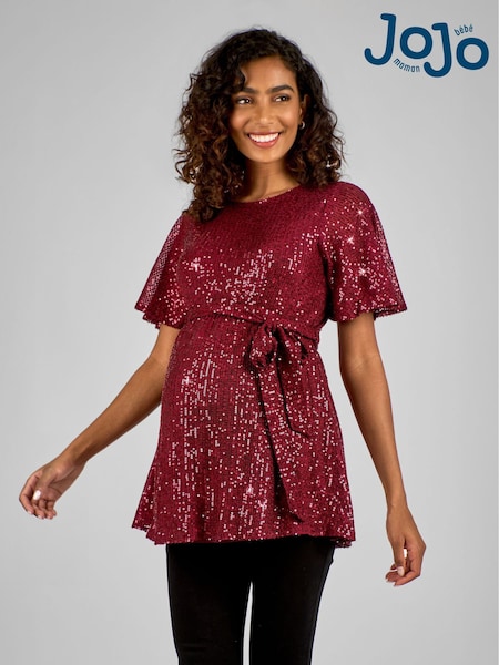 JoJo Maman Bébé Wine Red Sequin Maternity Flutter Sleeve Top (B95389) | €67
