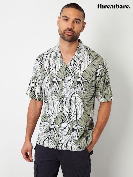 Threadbare Black Tropical Short Sleeve Striped Linen Blend Shirt (B95395) | €15