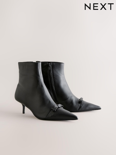 Black Leather Premium Bow Pointed Toe Heeled Ankle Boots (B95454) | €93