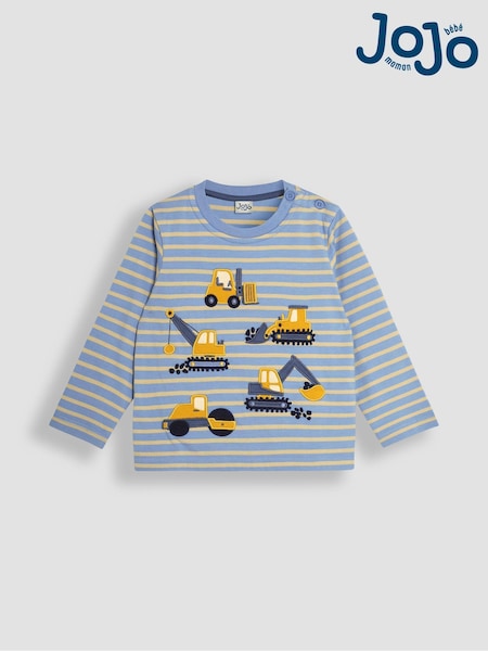 JoJo Maman Bébé Blue Stripe Construction Vehicles Long Sleeve Button Shoulder Striped Appliqué Top (B95566) | €30
