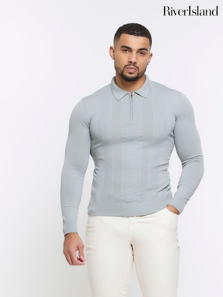 River Island Grey Muscle Fit Long Sleeve Texture Polo Knit T-Shirt (B95667) | €18