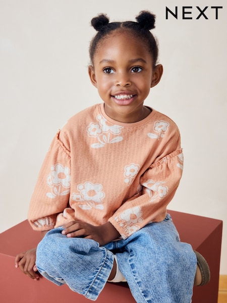 Peach Pink Flower 100% Cotton Long Sleeve Textured Top (3mths-7yrs) (B95722) | AED25 - AED32