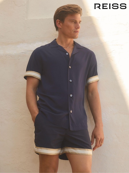 Reiss Navy Valbonne Reiss | Ché Cuff Detail Cuban Collar Shirt (B95792) | €142