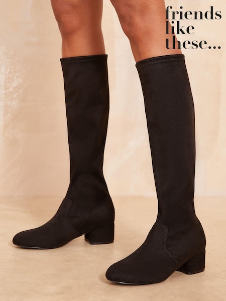 Friends Like These Black Standard Fit Low Block Heel Knee Stretch Faux Suede Boots (B95834) | AED142