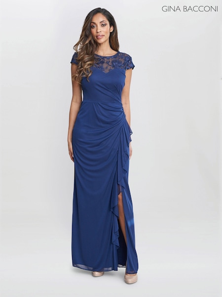 Gina Bacconi Blue Cecilia Maxi Dress With Embroidered Illusion Neckline (B95845) | 1,480 QAR