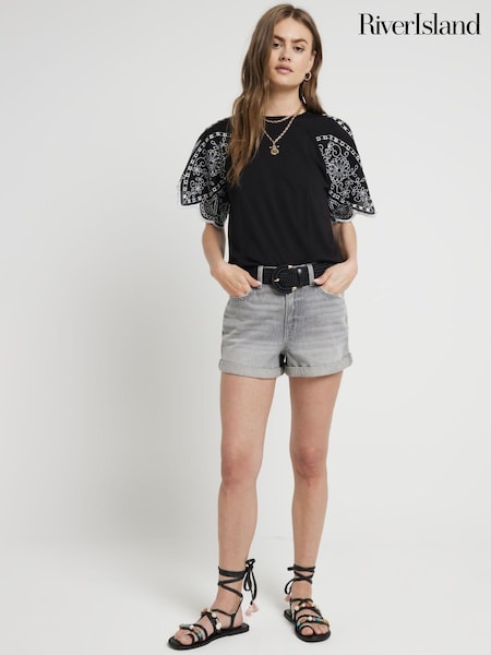 River Island Black 100% Cotton Cutwork Sleeve T-Shirt (B95873) | € 16
