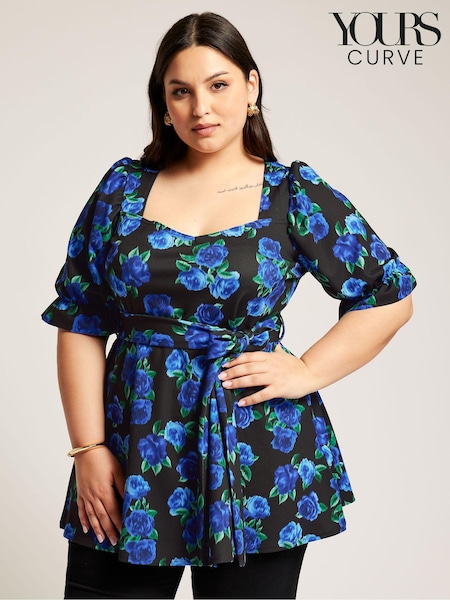 Negru - Top peplum cu mâneci bufante Yours Curve (B95885) | 139 LEI