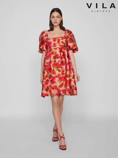 VILA Red Floral Baroque Puff Sleeve Mini Occasion Dress (B96034) | €28