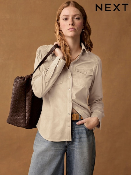 Ecru Cream Long Sleeve Faux Suede Shirt (B96052) | €18