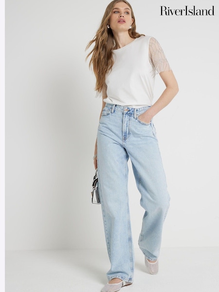 River Island White 100% Cotton Beaded Sleeve T-Shirt (B96064) | €16