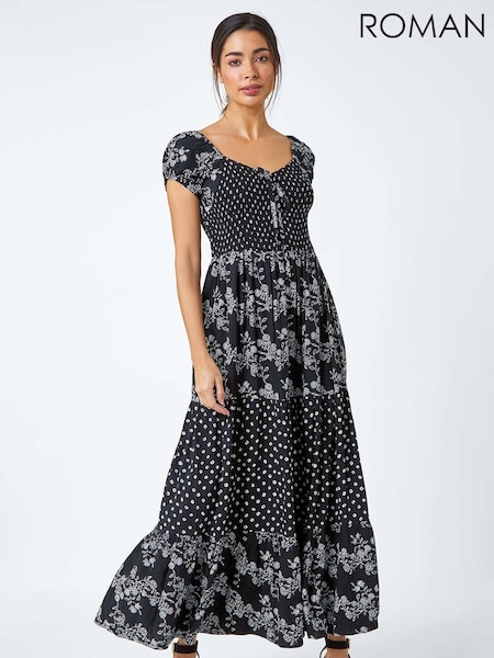 Roman Black Abstract Tie Detail Tiered Maxi Dress (B96145) | ₪264