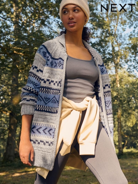 Blue Chambray Fairisle Pattern Stripe Zip Through Longline Knitted Cardigan (B96152) | €22