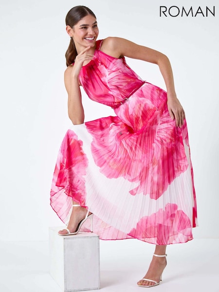 Roman Pink Floral Pleated Halterneck Maxi Dress (B96182) | AED291