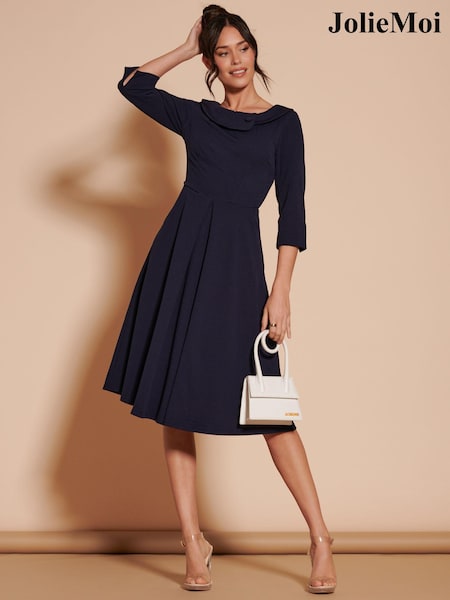 Laivasto Sininen - Jolie Moi 3/4 Sleeve Fold Neck Midi Dress (B96185) | €123