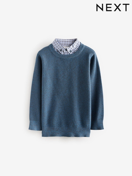 Navy Mock Gingham Shirt and Crew Neck 100% Cotton Jumper (3-16yrs) (B96245) | €24 - €32
