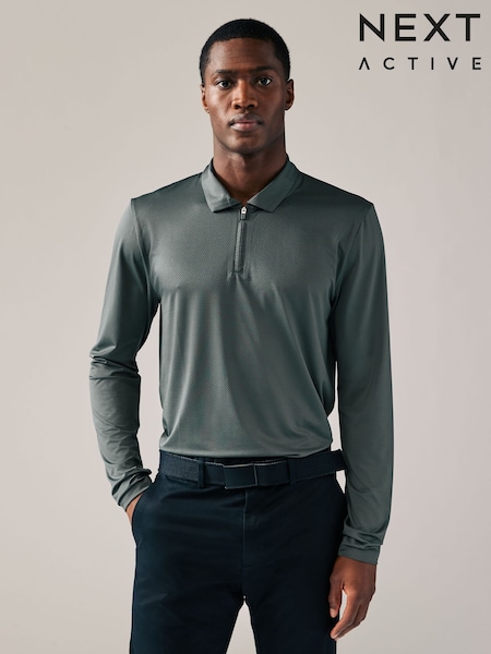 Slate Grey Active Golf Long Sleeve Textured Top Polo Shirt (B96266) | 109 QAR