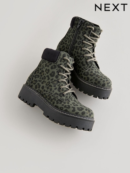Green Animal Print Lace-Up Chunky Boots (B96289) | AED168 - AED203
