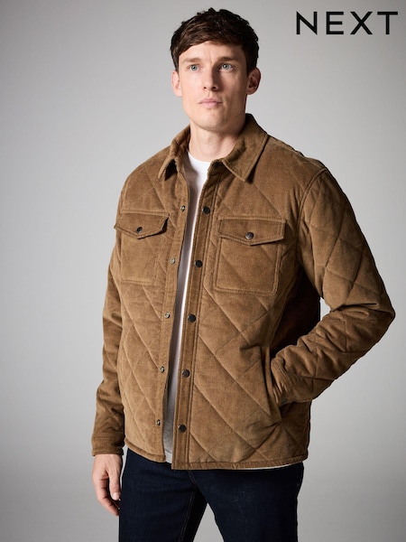 Tan Brown Borg Lined Diamond Quilt Corduroy Shacket (B96402) | €74