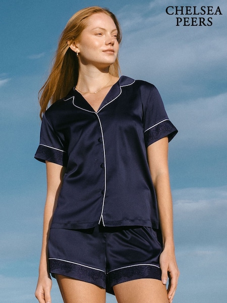 Chelsea Peers Blue Satin Lace Trim Short Pyjama Set (B96413) | ₪226