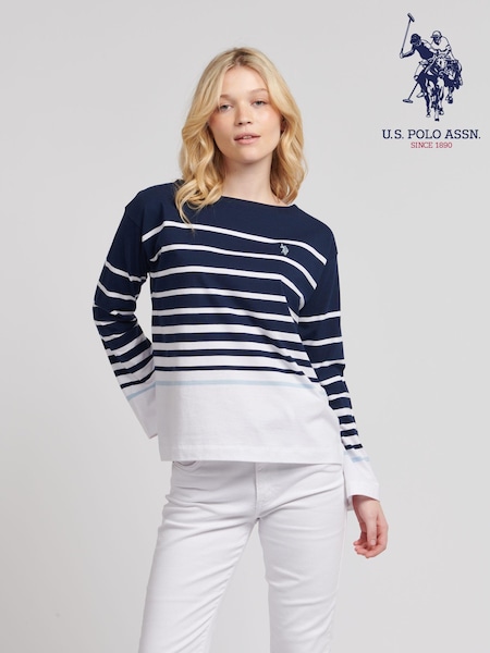 U.S. Polo Assn. Blue Womens Reverse Stripe Boat Neck 100% Cotton T-Shirt (B96438) | $70