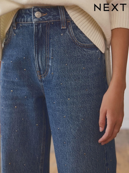 Dark Blue Embellished Wide Leg 100% Cotton Jeans (B96676) | AED27