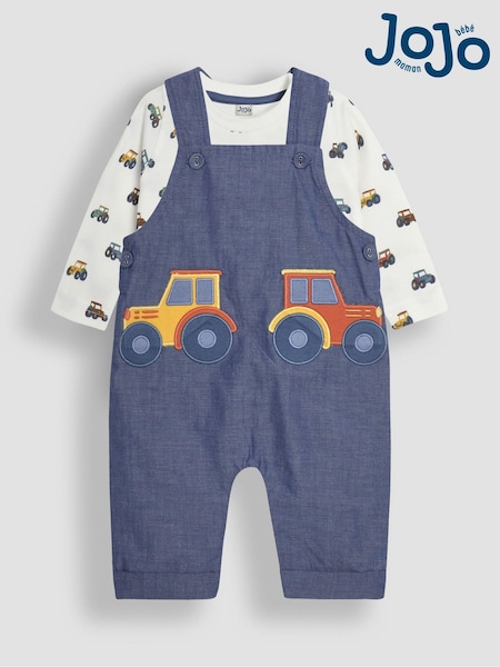 JoJo Maman Bébé Chambray Tractor Appliqué Pocket Dungarees and Top Set (B96680) | SGD 62