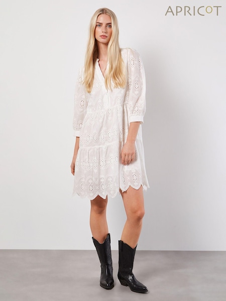 Apricot White 100% Cotton Broderie Anglaise Tiered Mini Dress (B96779) | €24