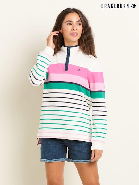 Brakeburn Cream Multi Coloured Stripe Quarter Zip 100% Cotton Sweatshirt (B96838) | €49
